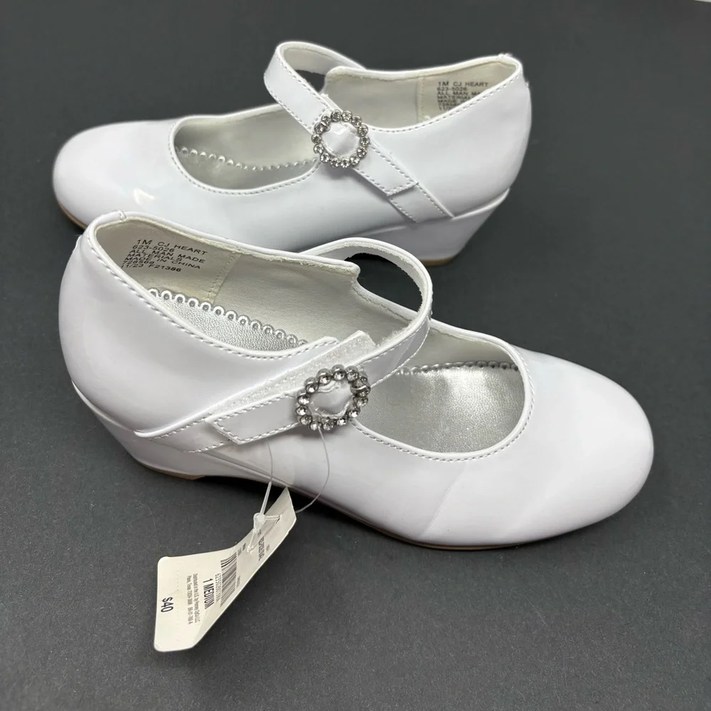 CHRISTIE & JILL: White Glossy Dress Shoes; Sparkle Embellishment, Kid Size 1.NEW